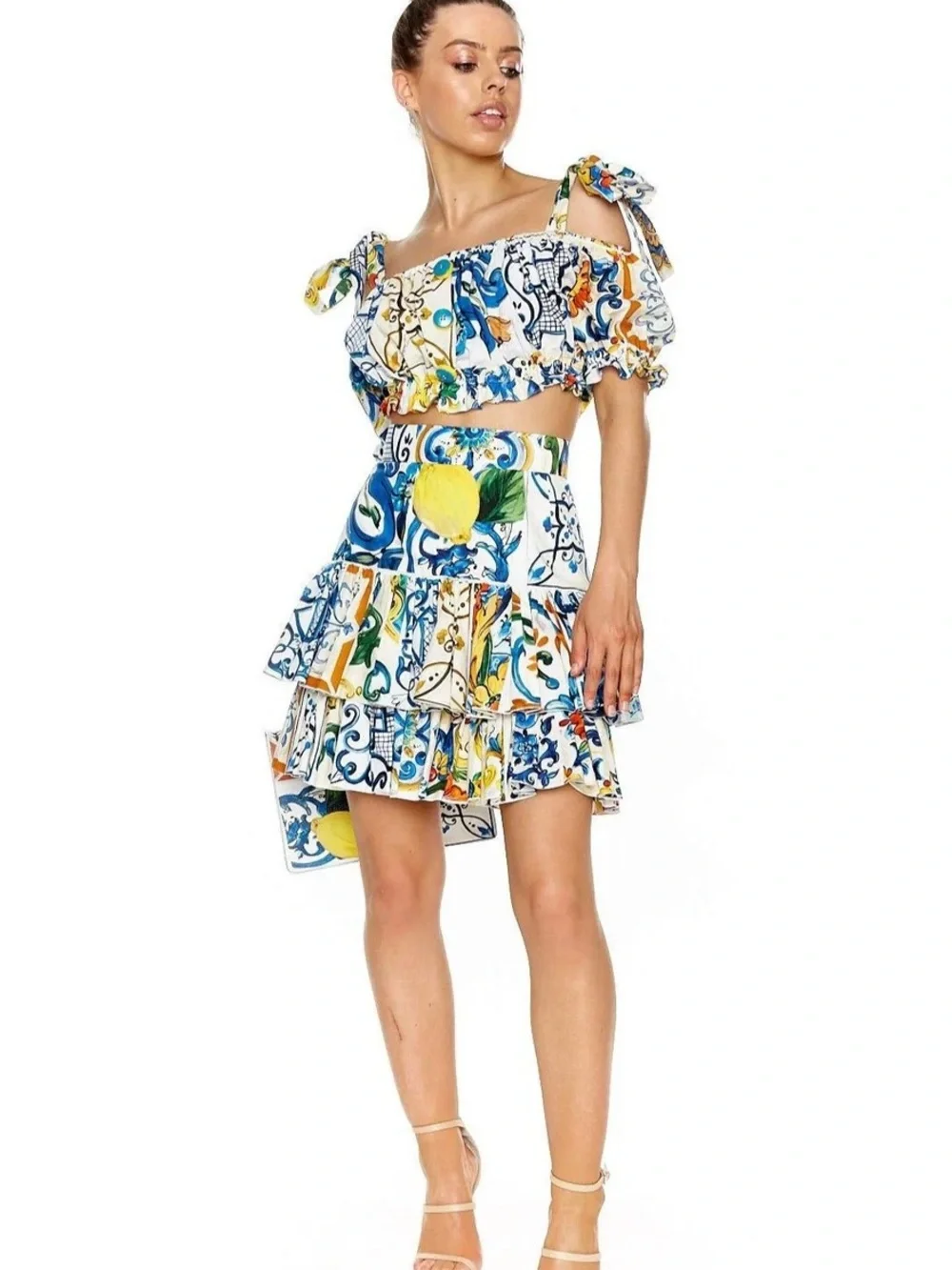 DG inspired Lemon Print Crop Top & Skirt Set - Blue, Yellow, White